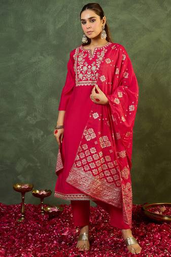Pink embroidered silk kurta trouser dupatta set