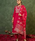 Pink embroidered silk kurta trouser dupatta set