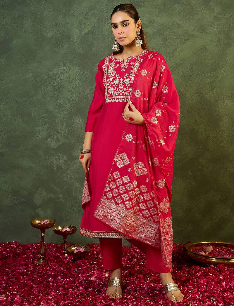 Pink embroidered silk kurta trouser dupatta set