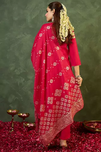 Pink embroidered silk kurta trouser dupatta set