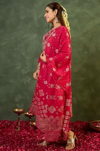 Pink embroidered silk kurta trouser dupatta set
