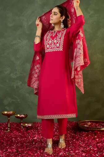 Pink embroidered silk kurta trouser dupatta set