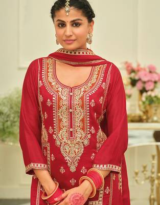 Red embroidered silk kurta trouser dupatta set 1