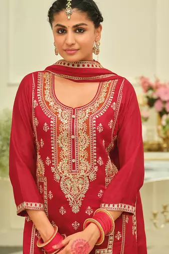 Red embroidered silk kurta trouser dupatta set