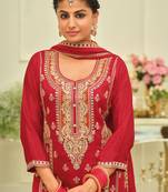 Red embroidered silk kurta trouser dupatta set