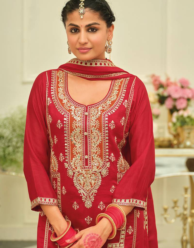 Red embroidered silk kurta trouser dupatta set