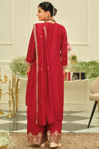 Red embroidered silk kurta trouser dupatta set