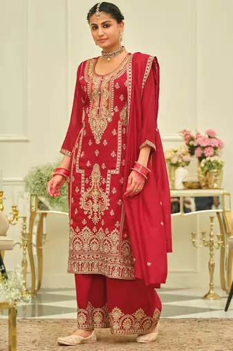 Red embroidered silk kurta trouser dupatta set