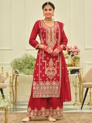 Red embroidered silk kurta trouser dupatta set 4