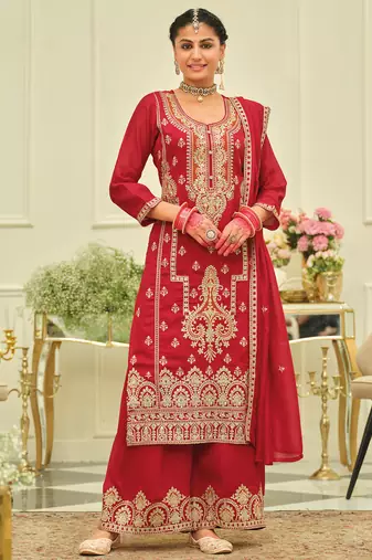 Red embroidered silk kurta trouser dupatta set