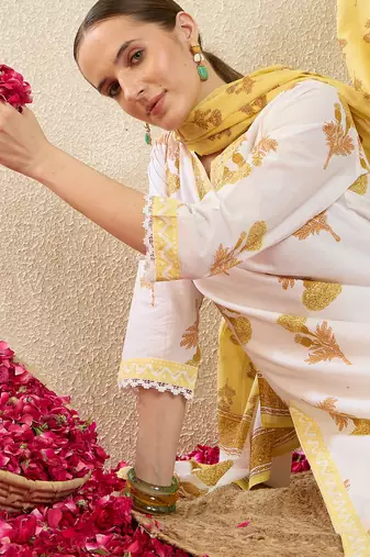 Off white printed pure cotton kurta trouser dupatta set