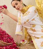 Off white printed pure cotton kurta trouser dupatta set