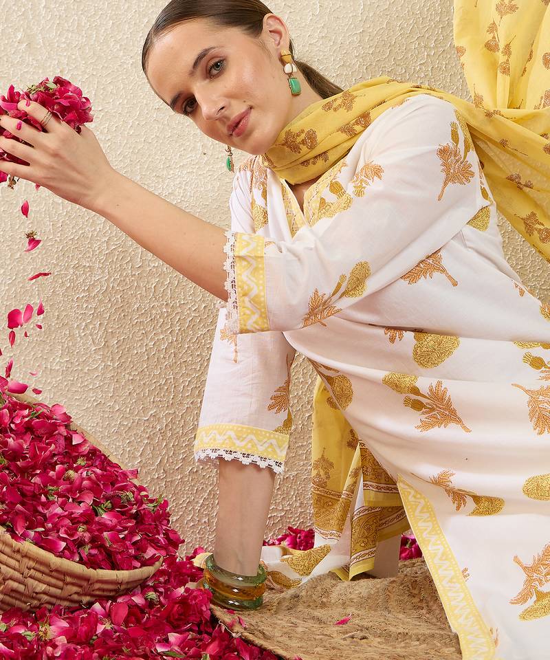 Off white printed pure cotton kurta trouser dupatta set