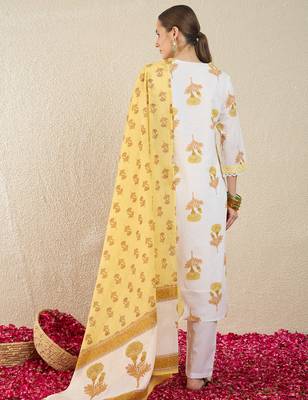 Off white printed pure cotton kurta trouser dupatta set 2