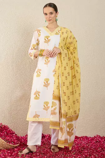 Off white printed pure cotton kurta trouser dupatta set