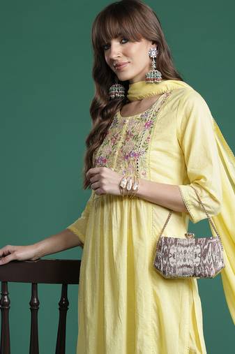Yellow embroidered pure cotton kurta trouser dupatta set