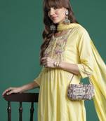 Yellow embroidered pure cotton kurta trouser dupatta set