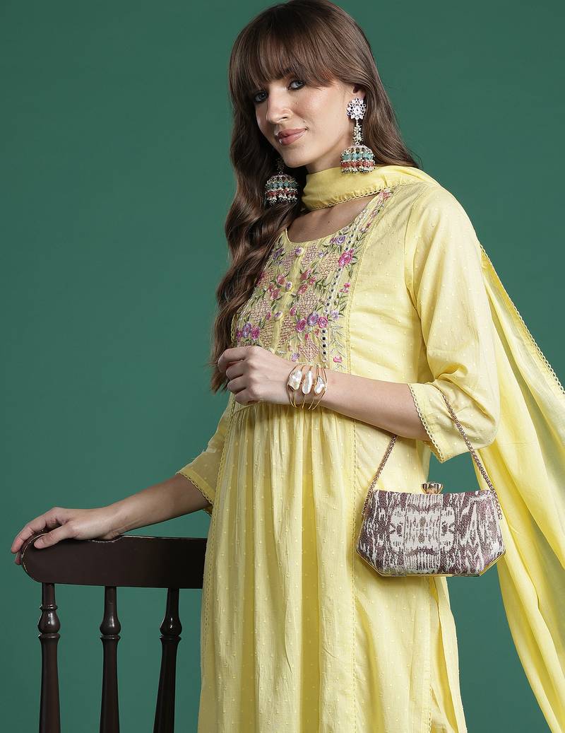 Yellow embroidered pure cotton kurta trouser dupatta set