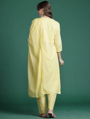 Yellow embroidered pure cotton kurta trouser dupatta set 2