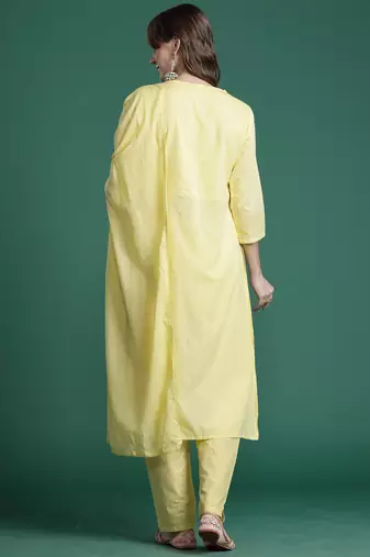 Yellow embroidered pure cotton kurta trouser dupatta set