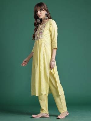Yellow embroidered pure cotton kurta trouser dupatta set 3