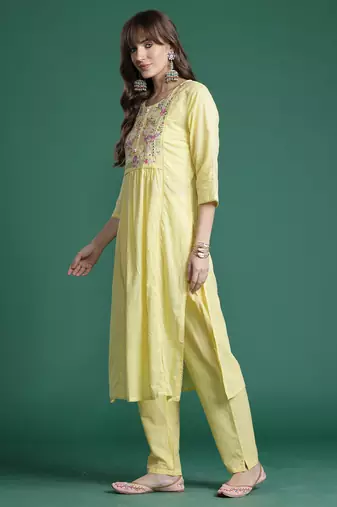Yellow embroidered pure cotton kurta trouser dupatta set