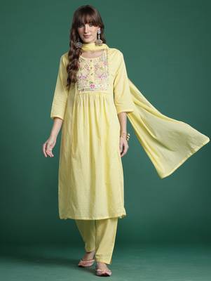 Yellow embroidered pure cotton kurta trouser dupatta set 4