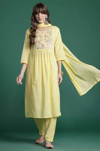 Yellow embroidered pure cotton kurta trouser dupatta set