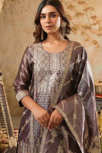 Burgundy embroidered silk kurta trouser dupatta set