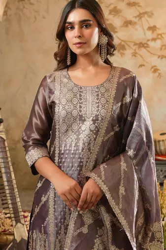 Burgundy embroidered silk kurta trouser dupatta set