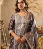 Burgundy embroidered silk kurta trouser dupatta set