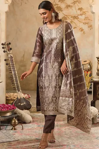 Burgundy embroidered silk kurta trouser dupatta set