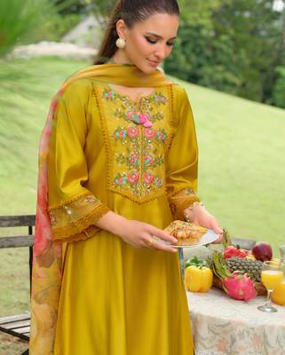 Yellow embroidered pure cotton kurta trouser dupatta set 1