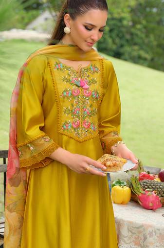 Yellow embroidered pure cotton kurta trouser dupatta set