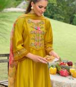 Yellow embroidered pure cotton kurta trouser dupatta set