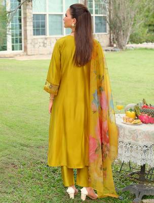 Yellow embroidered pure cotton kurta trouser dupatta set 2
