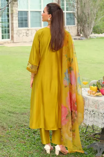 Yellow embroidered pure cotton kurta trouser dupatta set
