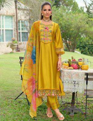 Yellow embroidered pure cotton kurta trouser dupatta set 3