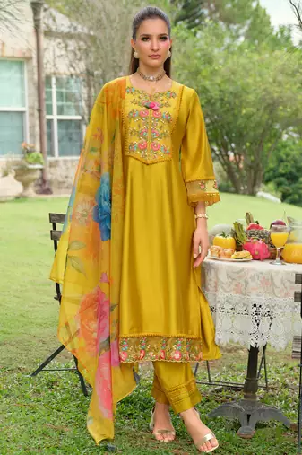 Yellow embroidered pure cotton kurta trouser dupatta set
