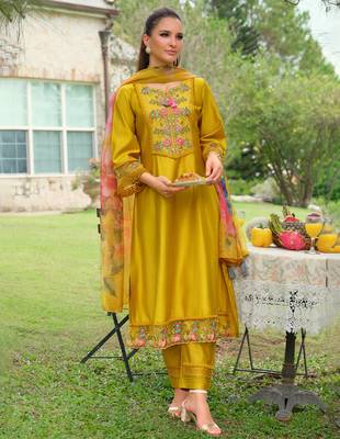 Yellow embroidered pure cotton kurta trouser dupatta set 4