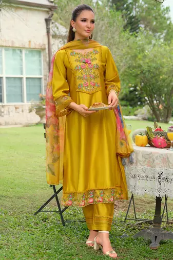 Yellow embroidered pure cotton kurta trouser dupatta set