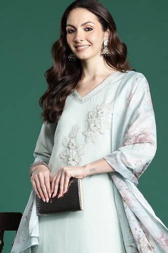 Sea green embroidered silk kurta trouser dupatta set