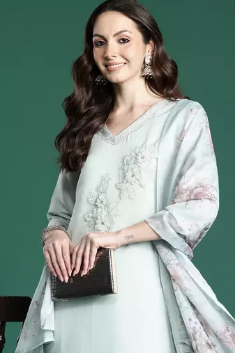 Sea green embroidered silk kurta trouser dupatta set