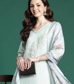 Sea green embroidered silk kurta trouser dupatta set