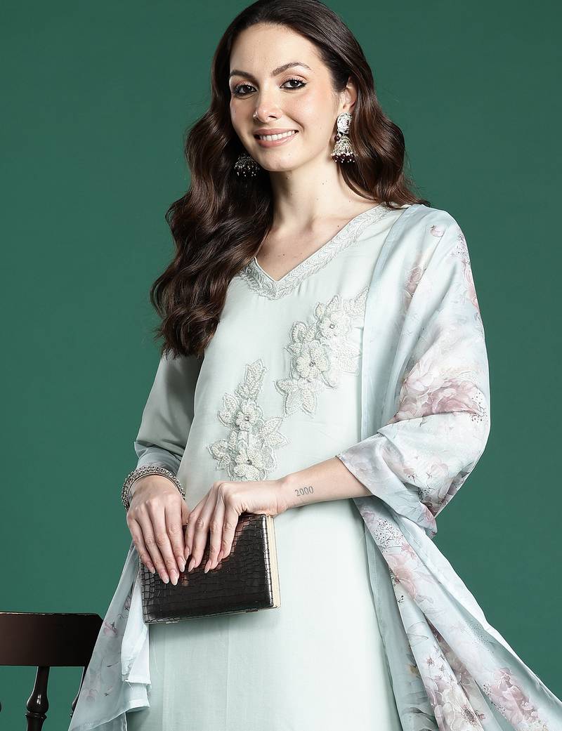 Sea green embroidered silk kurta trouser dupatta set
