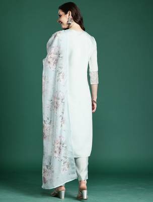 Sea green embroidered silk kurta trouser dupatta set 2