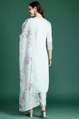 Sea green embroidered silk kurta trouser dupatta set