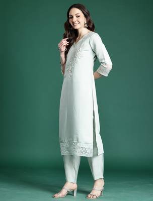 Sea green embroidered silk kurta trouser dupatta set 3