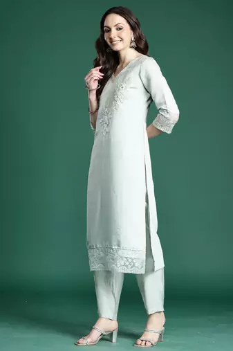 Sea green embroidered silk kurta trouser dupatta set