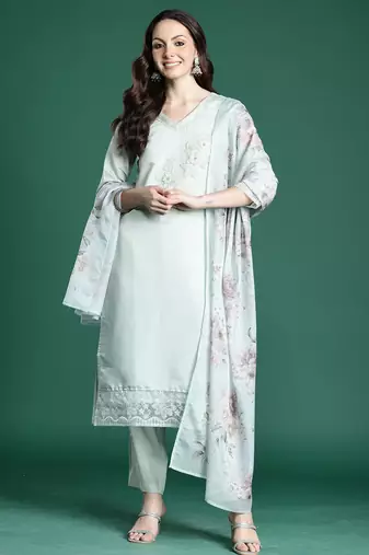 Sea green embroidered silk kurta trouser dupatta set